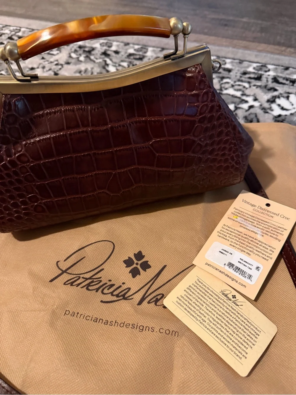 Patricia Nash Dark Brown Croc-Embossed Satchel with Tortoiseshell Top Handle